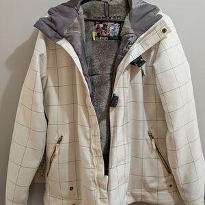 Burton Cream Plaid Hooded Snowboard Jacket with Gray Lining